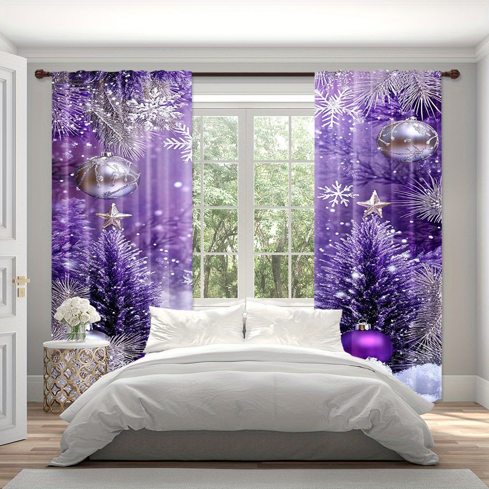 Enhance your living space with this 2-piece set of vibrant purple and silvery Christmas ball digital print curtains. Perfect for the living room, bedroom, or study, these curtains feature a rod pocket design for easy hanging. Add a touch of holiday cheer