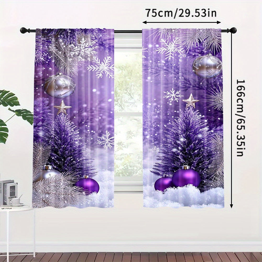 Enhance your living space with this 2-piece set of vibrant purple and silvery Christmas ball digital print curtains. Perfect for the living room, bedroom, or study, these curtains feature a rod pocket design for easy hanging. Add a touch of holiday cheer