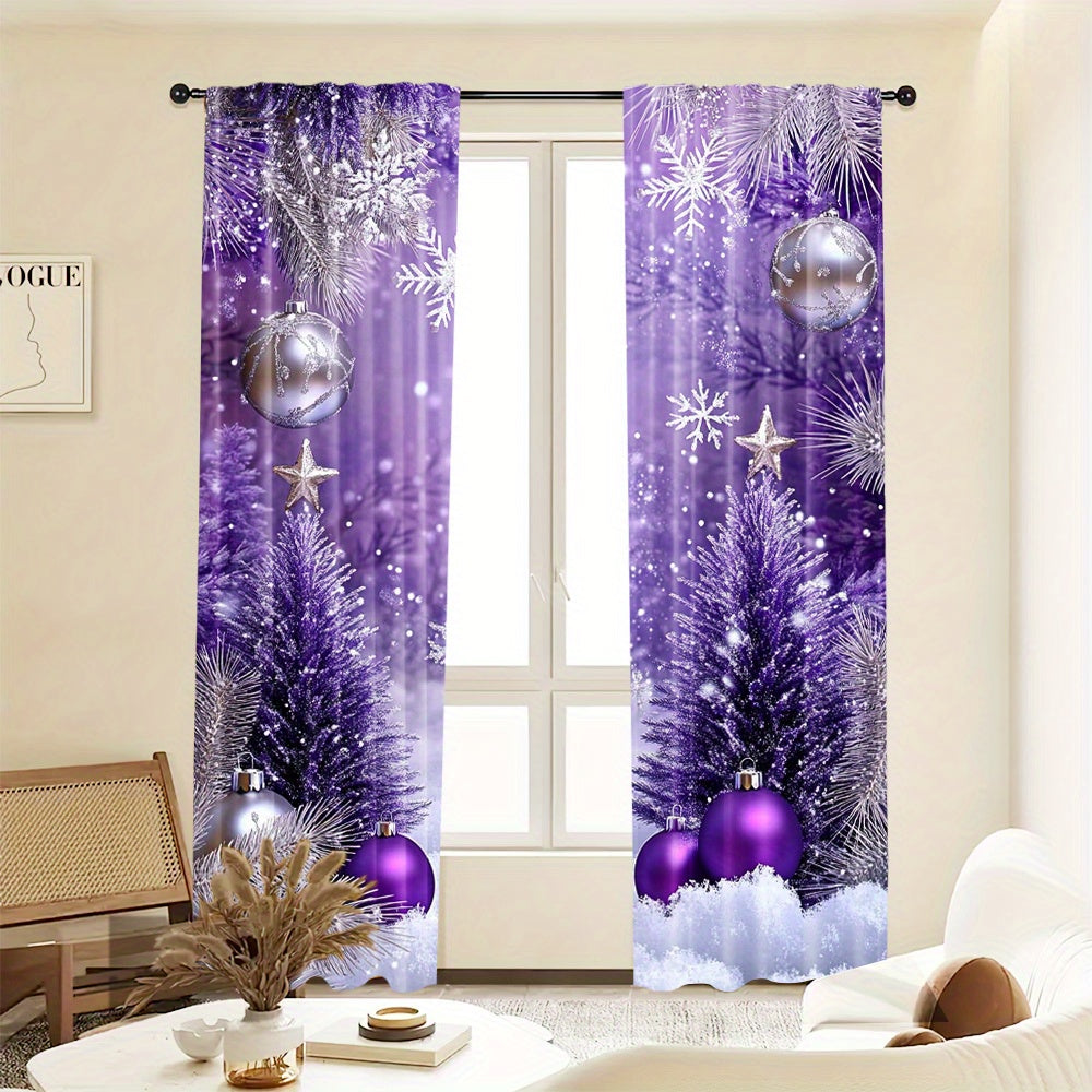 Enhance your living space with this 2-piece set of vibrant purple and silvery Christmas ball digital print curtains. Perfect for the living room, bedroom, or study, these curtains feature a rod pocket design for easy hanging. Add a touch of holiday cheer