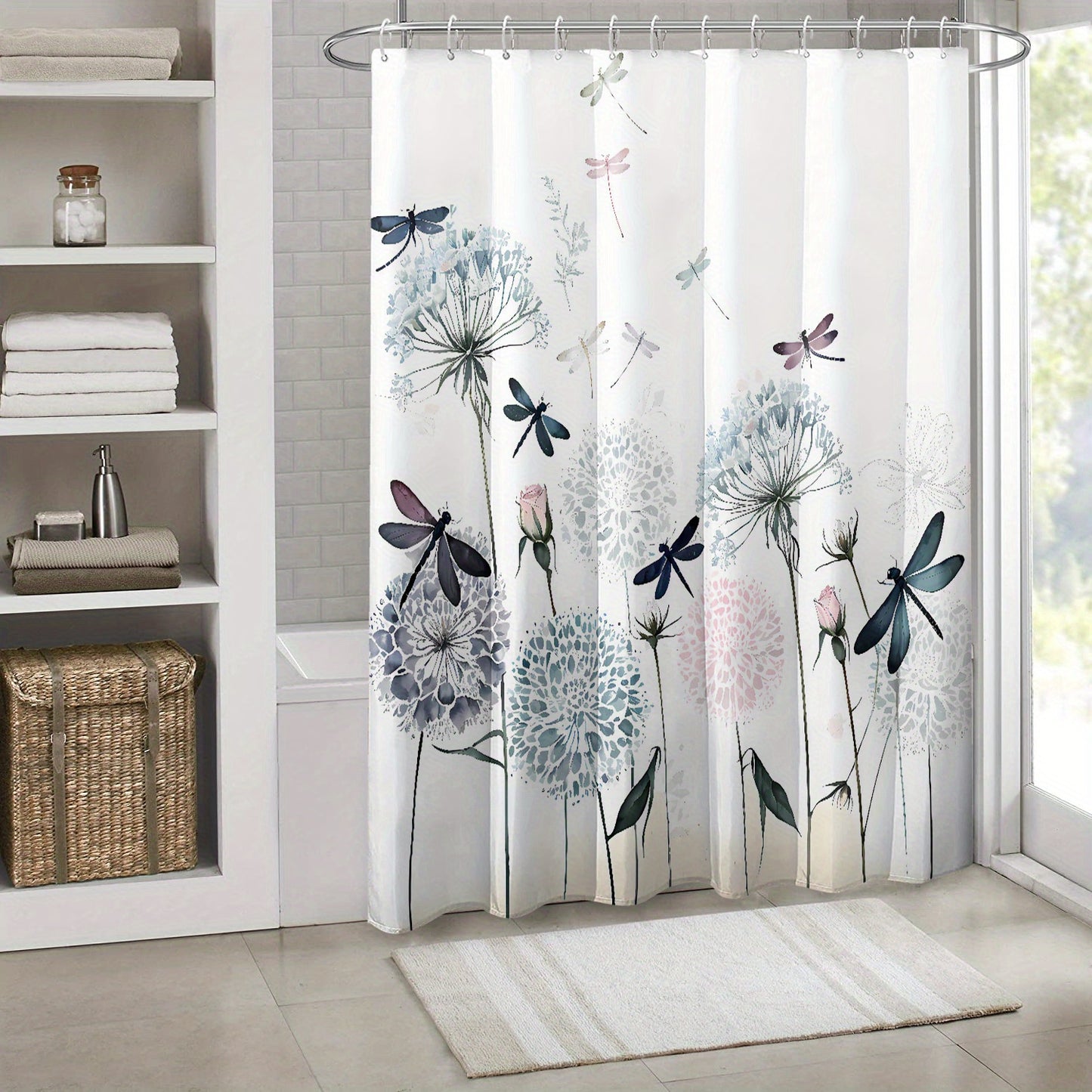 Watercolor Dandelion & Dragonfly Shower Curtain - Waterproof, Machine Washable, 180.34x180.34 cm, Bathroom Decor