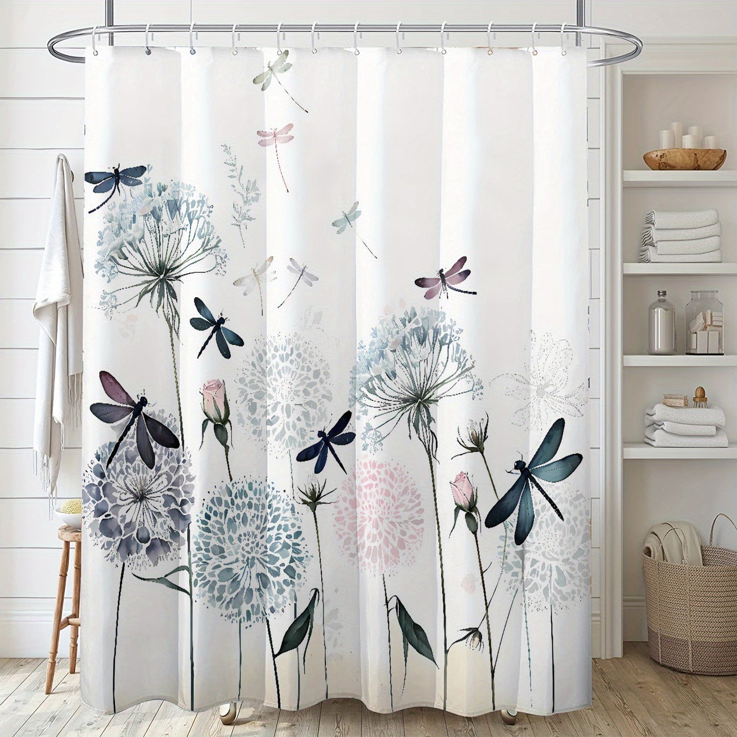 Watercolor Dandelion & Dragonfly Shower Curtain - Waterproof, Machine Washable, 180.34x180.34 cm, Bathroom Decor