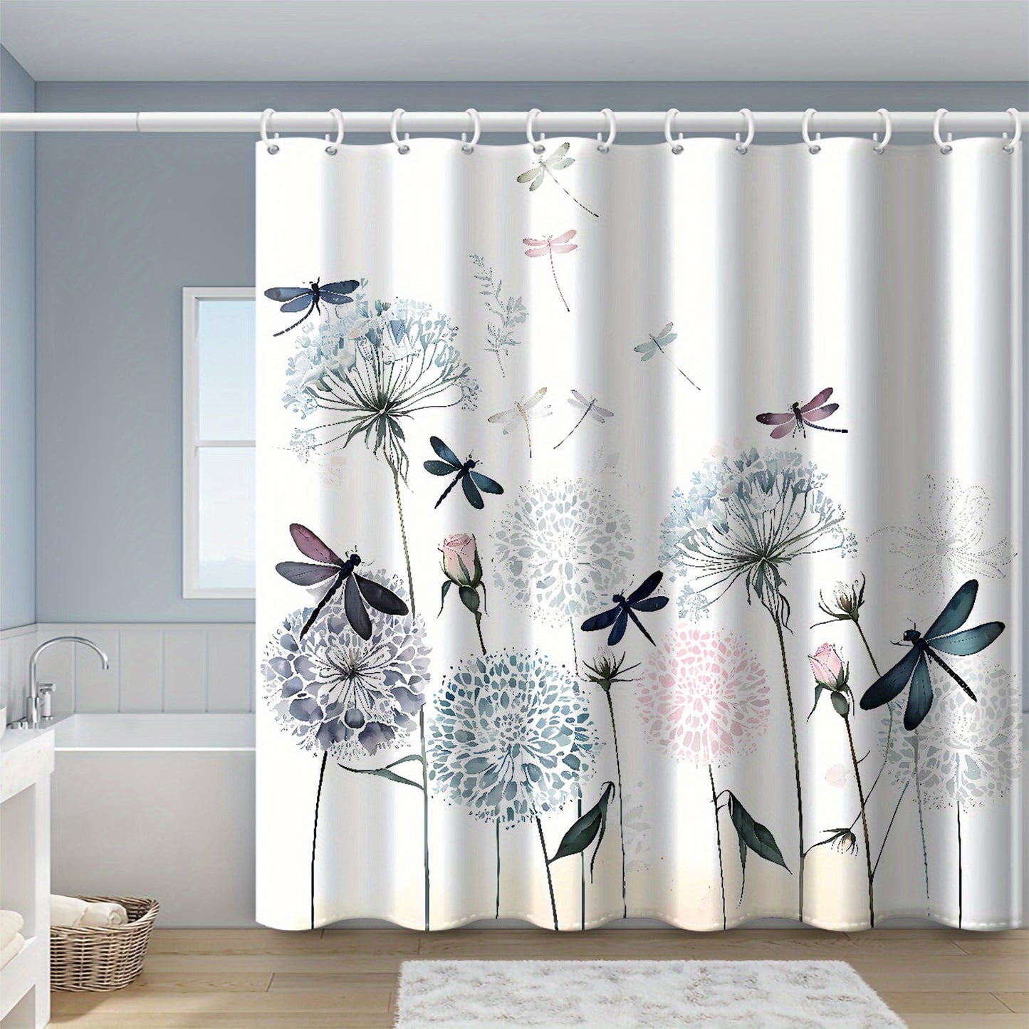 Watercolor Dandelion & Dragonfly Shower Curtain - Waterproof, Machine Washable, 180.34x180.34 cm, Bathroom Decor