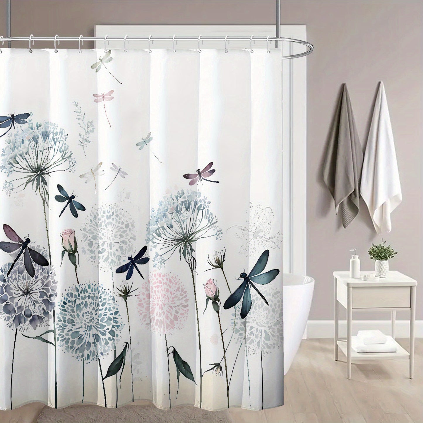 Watercolor Dandelion & Dragonfly Shower Curtain - Waterproof, Machine Washable, 180.34x180.34 cm, Bathroom Decor