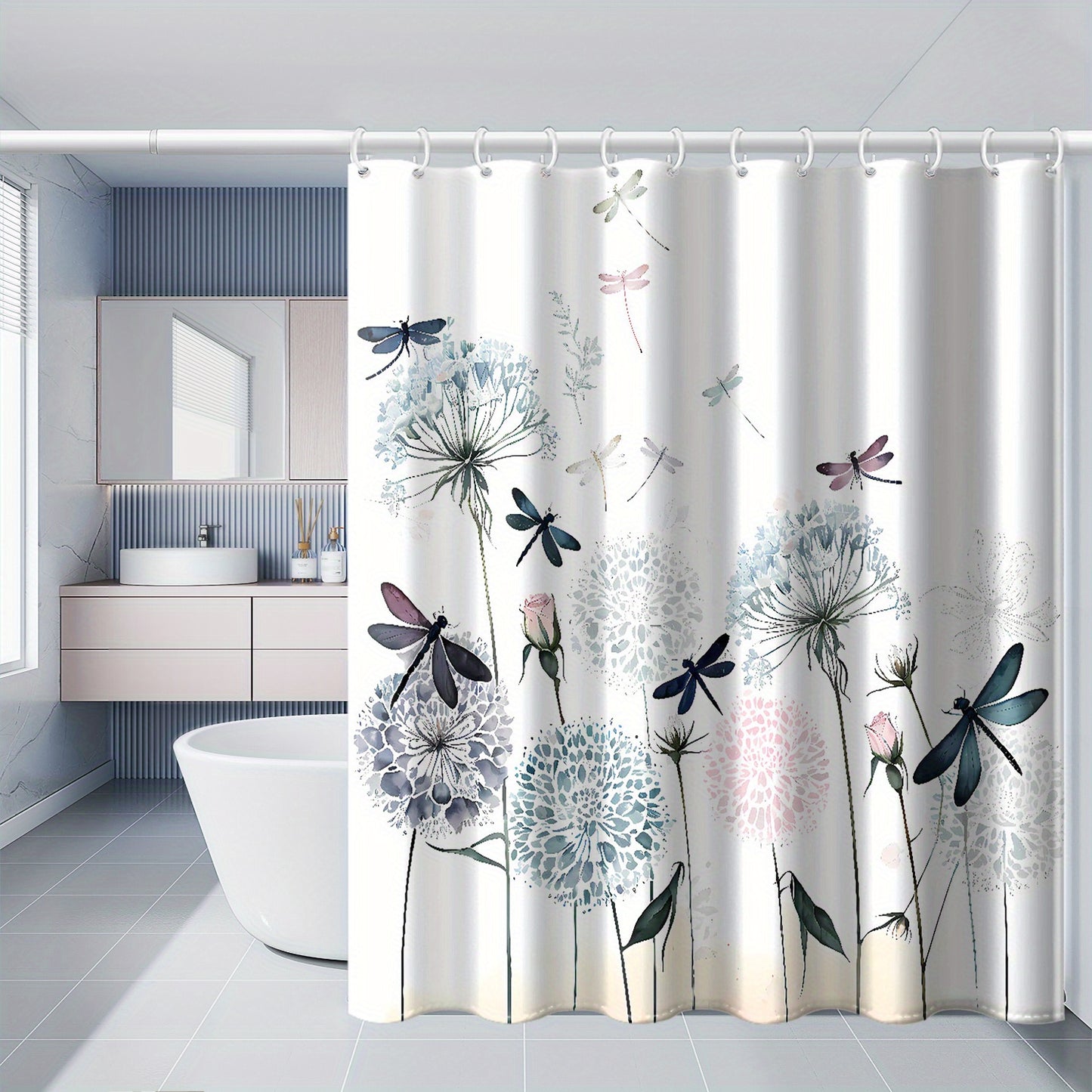 Watercolor Dandelion & Dragonfly Shower Curtain - Waterproof, Machine Washable, 180.34x180.34 cm, Bathroom Decor