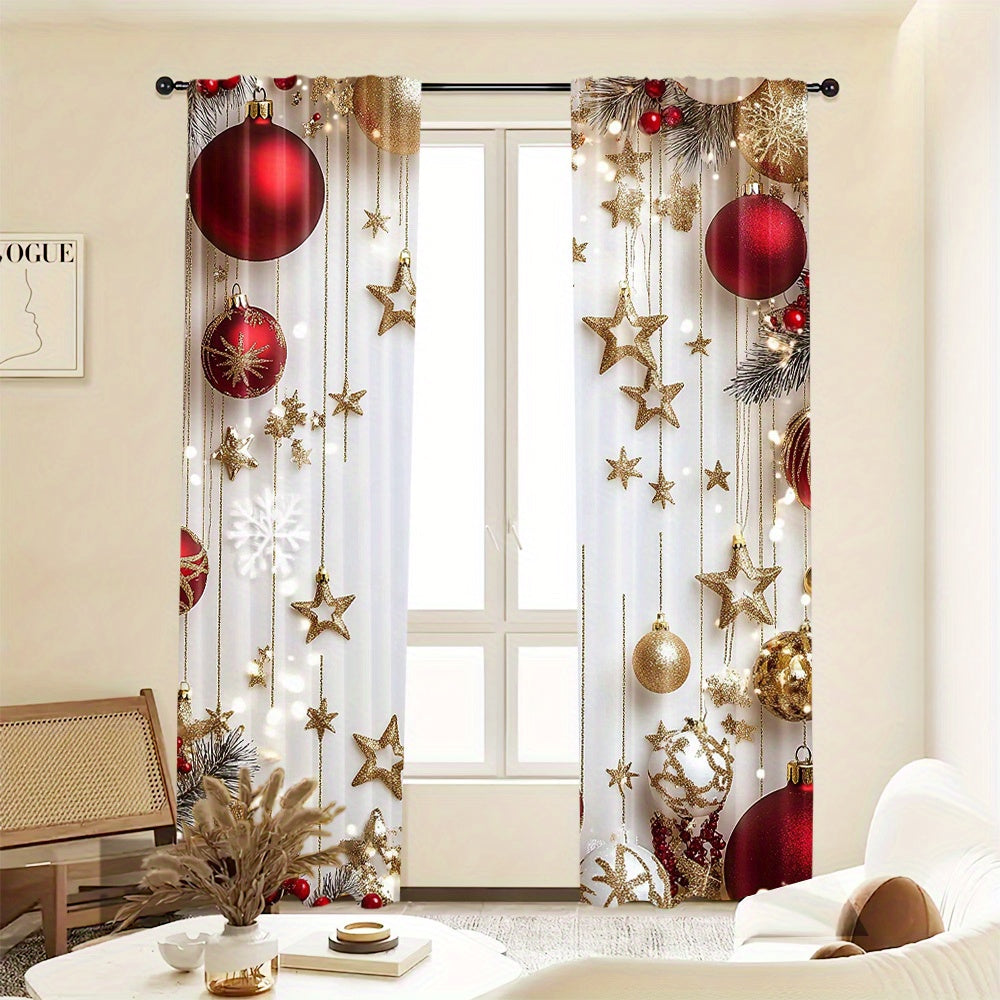 Christmas Holiday Curtains Set of 2 - Featuring a Digital Print of Festive Pine Leaves and Ornaments, these Polyester Rod Pocket Drapes are perfect for enhancing the decor in your Living Room, Bedroom, Kitchen, or Office. Ideal for Seasonal Home Window