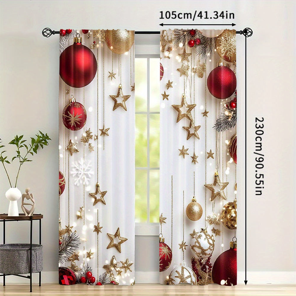 Christmas Holiday Curtains Set of 2 - Featuring a Digital Print of Festive Pine Leaves and Ornaments, these Polyester Rod Pocket Drapes are perfect for enhancing the decor in your Living Room, Bedroom, Kitchen, or Office. Ideal for Seasonal Home Window