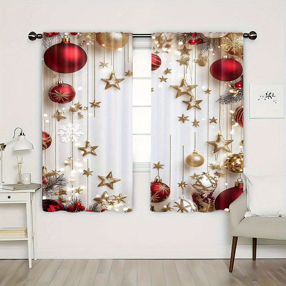 Christmas Holiday Curtains Set of 2 - Featuring a Digital Print of Festive Pine Leaves and Ornaments, these Polyester Rod Pocket Drapes are perfect for enhancing the decor in your Living Room, Bedroom, Kitchen, or Office. Ideal for Seasonal Home Window