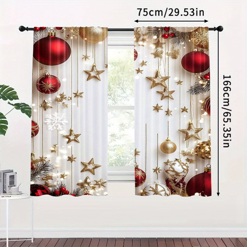 Christmas Holiday Curtains Set of 2 - Featuring a Digital Print of Festive Pine Leaves and Ornaments, these Polyester Rod Pocket Drapes are perfect for enhancing the decor in your Living Room, Bedroom, Kitchen, or Office. Ideal for Seasonal Home Window