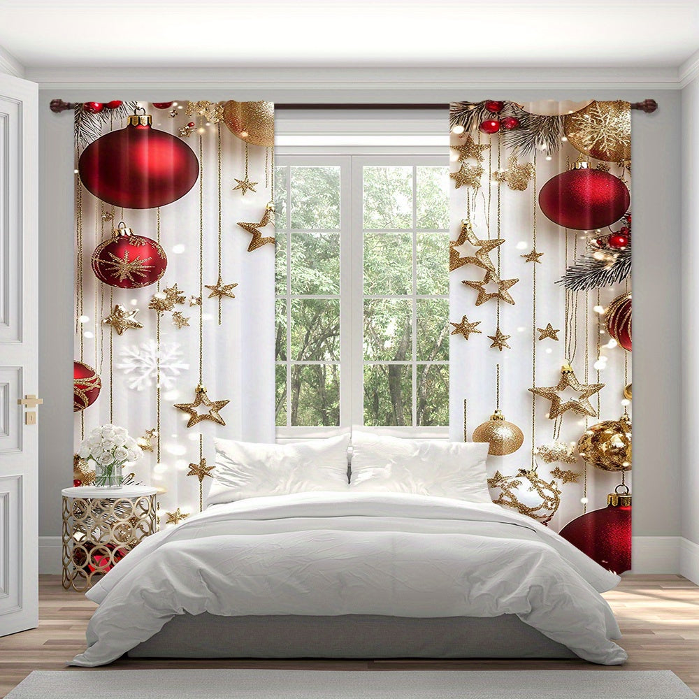 Christmas Holiday Curtains Set of 2 - Featuring a Digital Print of Festive Pine Leaves and Ornaments, these Polyester Rod Pocket Drapes are perfect for enhancing the decor in your Living Room, Bedroom, Kitchen, or Office. Ideal for Seasonal Home Window