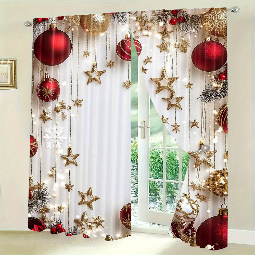 Christmas Holiday Curtains Set of 2 - Featuring a Digital Print of Festive Pine Leaves and Ornaments, these Polyester Rod Pocket Drapes are perfect for enhancing the decor in your Living Room, Bedroom, Kitchen, or Office. Ideal for Seasonal Home Window