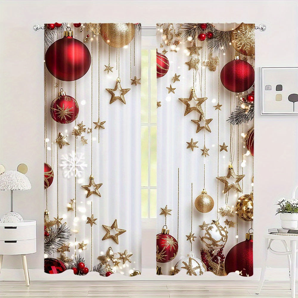 Christmas Holiday Curtains Set of 2 - Featuring a Digital Print of Festive Pine Leaves and Ornaments, these Polyester Rod Pocket Drapes are perfect for enhancing the decor in your Living Room, Bedroom, Kitchen, or Office. Ideal for Seasonal Home Window