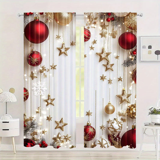 Christmas Holiday Curtains Set of 2 - Featuring a Digital Print of Festive Pine Leaves and Ornaments, these Polyester Rod Pocket Drapes are perfect for enhancing the decor in your Living Room, Bedroom, Kitchen, or Office. Ideal for Seasonal Home Window