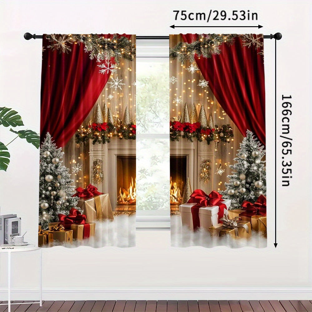 Set of 2 Christmas Fireplace and Gifts Scene Polyester Curtains - Featuring Washable Holiday Window Treatments for Living Room and Dining Room, Artistic Christmas Decor for Home, Perfect for Ages 14 and Up