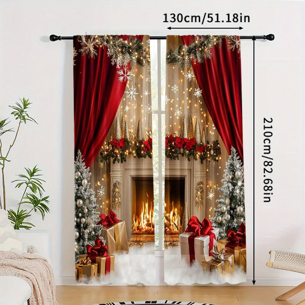 Set of 2 Christmas Fireplace and Gifts Scene Polyester Curtains - Featuring Washable Holiday Window Treatments for Living Room and Dining Room, Artistic Christmas Decor for Home, Perfect for Ages 14 and Up