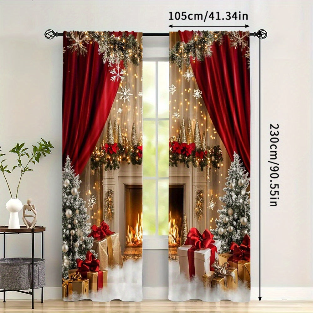 Set of 2 Christmas Fireplace and Gifts Scene Polyester Curtains - Featuring Washable Holiday Window Treatments for Living Room and Dining Room, Artistic Christmas Decor for Home, Perfect for Ages 14 and Up