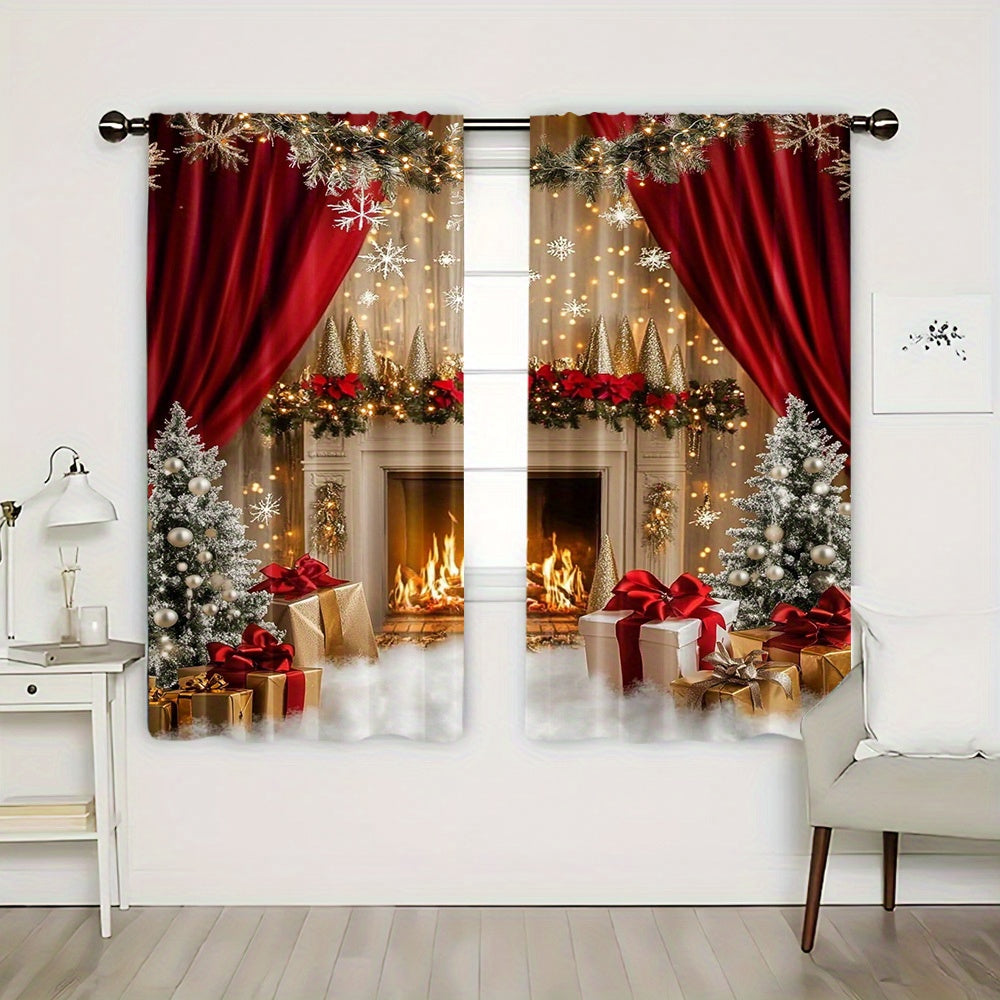 Set of 2 Christmas Fireplace and Gifts Scene Polyester Curtains - Featuring Washable Holiday Window Treatments for Living Room and Dining Room, Artistic Christmas Decor for Home, Perfect for Ages 14 and Up