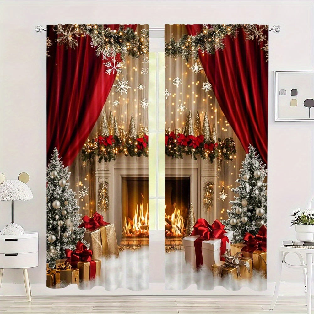 Set of 2 Christmas Fireplace and Gifts Scene Polyester Curtains - Featuring Washable Holiday Window Treatments for Living Room and Dining Room, Artistic Christmas Decor for Home, Perfect for Ages 14 and Up