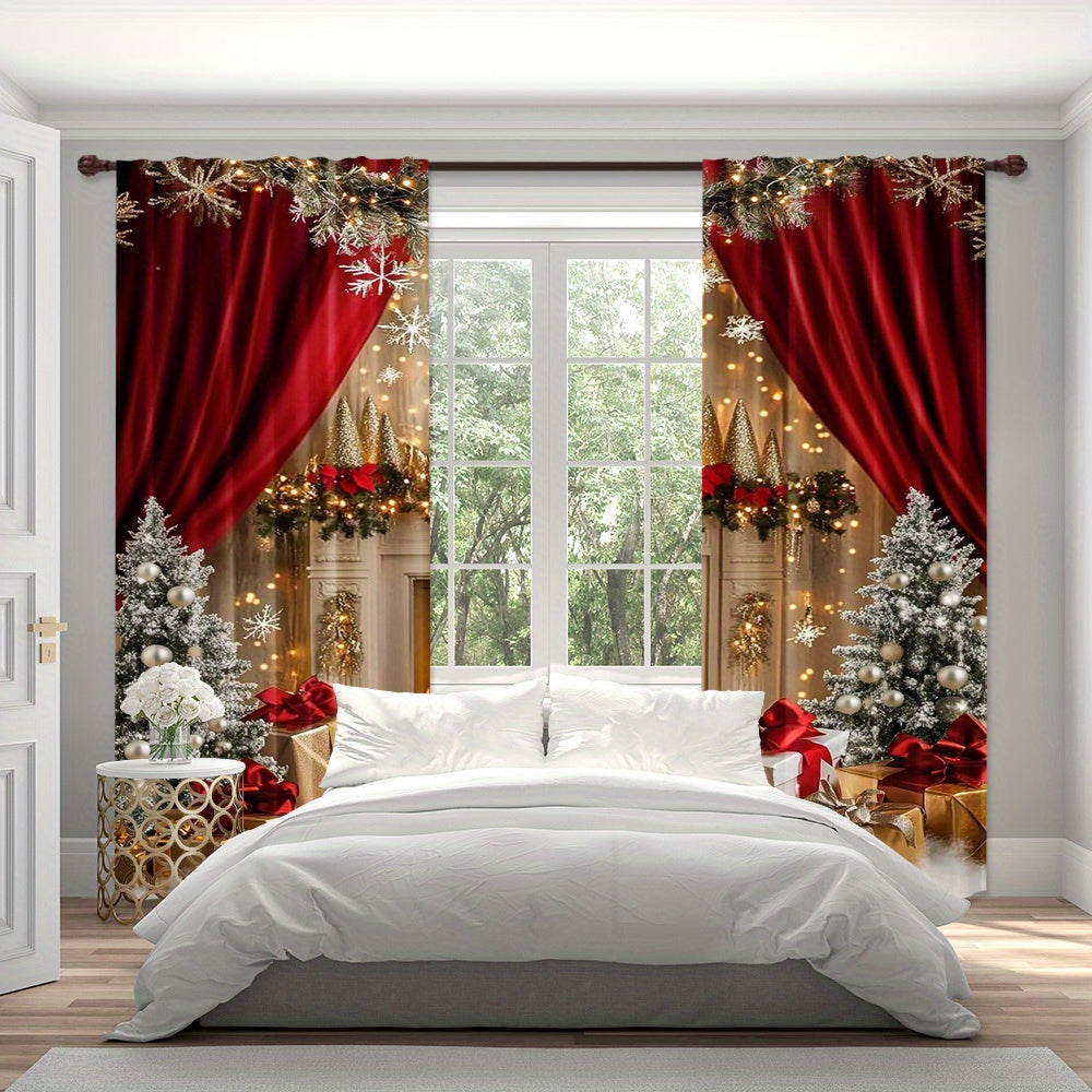 Set of 2 Christmas Fireplace and Gifts Scene Polyester Curtains - Featuring Washable Holiday Window Treatments for Living Room and Dining Room, Artistic Christmas Decor for Home, Perfect for Ages 14 and Up