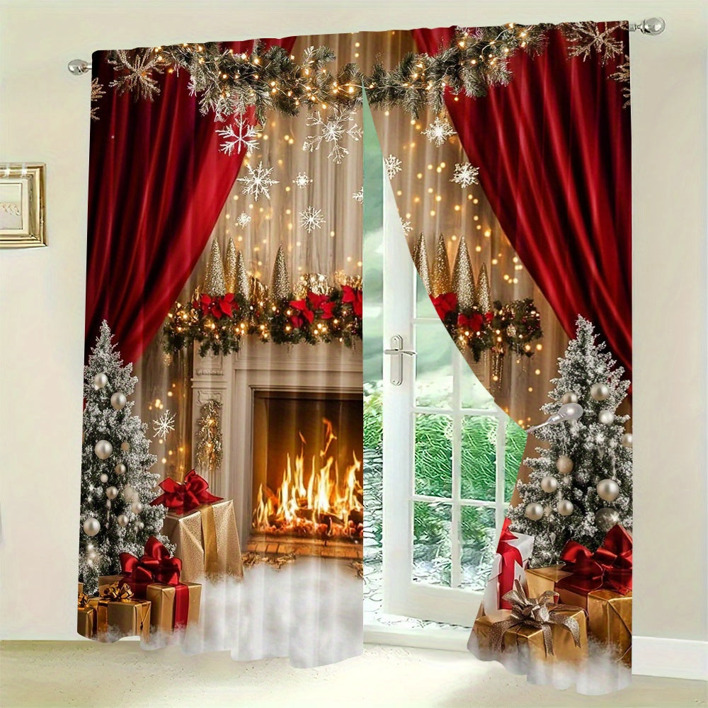 Set of 2 Christmas Fireplace and Gifts Scene Polyester Curtains - Featuring Washable Holiday Window Treatments for Living Room and Dining Room, Artistic Christmas Decor for Home, Perfect for Ages 14 and Up