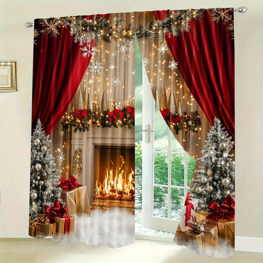 Set of 2 Christmas Fireplace and Gifts Scene Polyester Curtains - Featuring Washable Holiday Window Treatments for Living Room and Dining Room, Artistic Christmas Decor for Home, Perfect for Ages 14 and Up