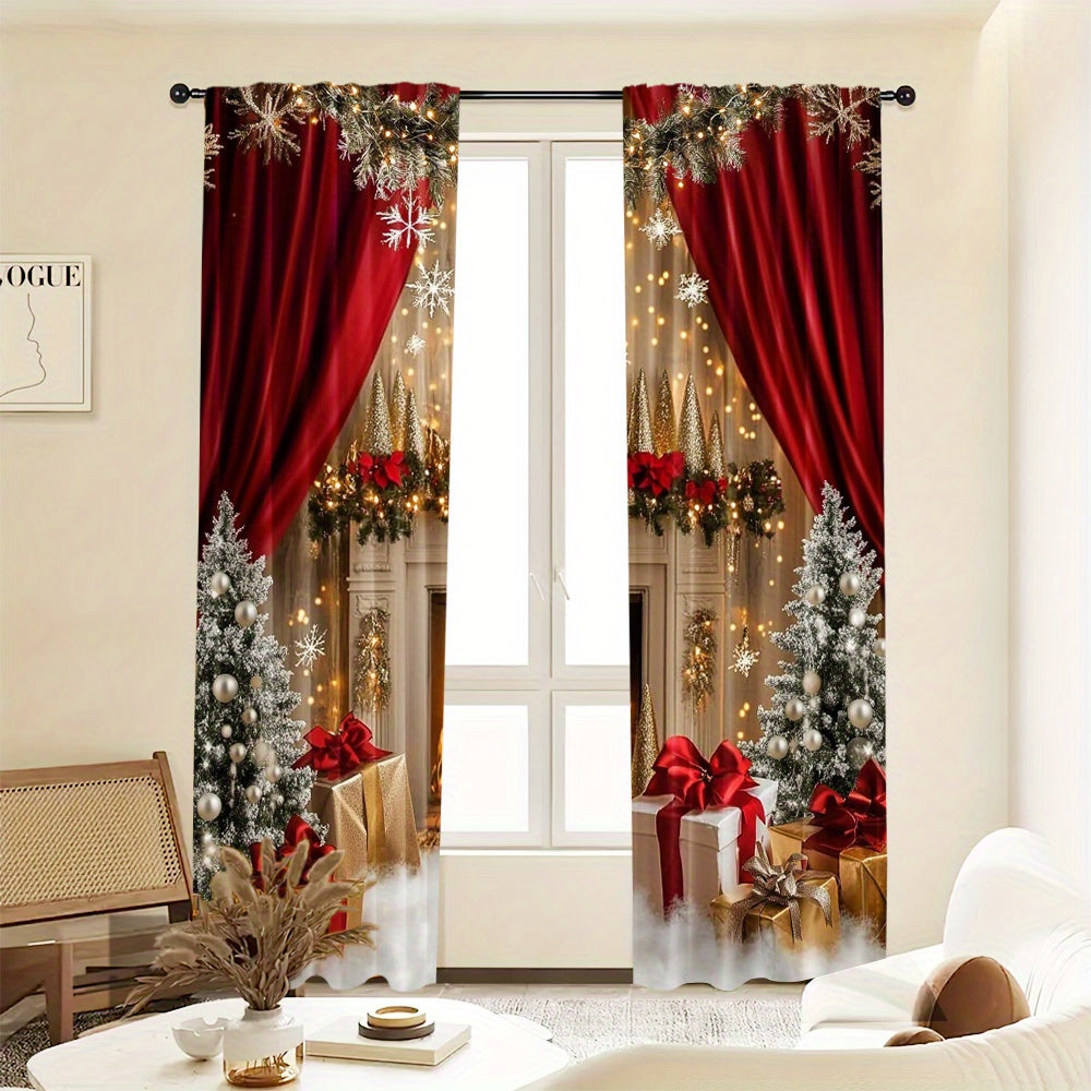 Set of 2 Christmas Fireplace and Gifts Scene Polyester Curtains - Featuring Washable Holiday Window Treatments for Living Room and Dining Room, Artistic Christmas Decor for Home, Perfect for Ages 14 and Up