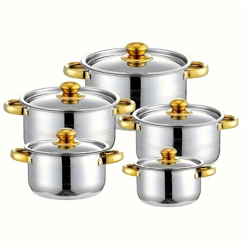 Upgrade your kitchen with this versatile 5-piece stainless steel cookware set. Each pot comes with a lid and features enhanced capacity for all your cooking needs. The non-stick and scratch-resistant surface makes cooking and cleaning a breeze.