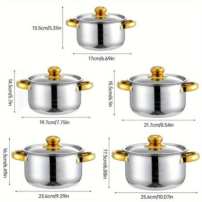 Upgrade your kitchen with this versatile 5-piece stainless steel cookware set. Each pot comes with a lid and features enhanced capacity for all your cooking needs. The non-stick and scratch-resistant surface makes cooking and cleaning a breeze.