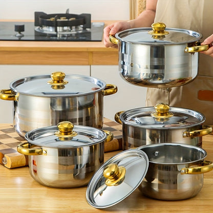 Upgrade your kitchen with this versatile 5-piece stainless steel cookware set. Each pot comes with a lid and features enhanced capacity for all your cooking needs. The non-stick and scratch-resistant surface makes cooking and cleaning a breeze.