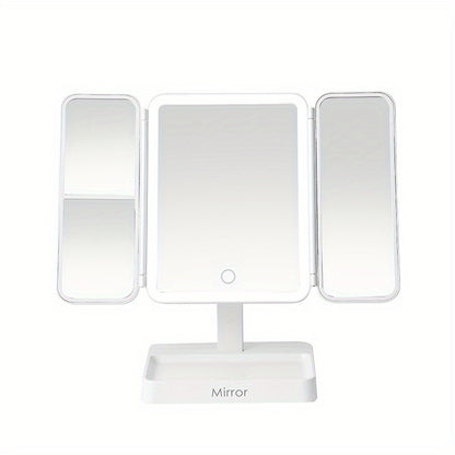 Portable LED makeup mirror with rechargeable 2000mAh battery and foldable shell design for girls. Multifunctional beauty mirror with adjustable light for dressing table.