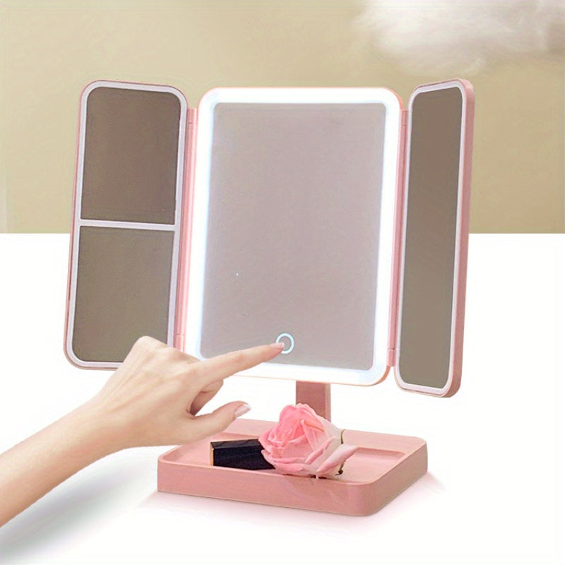 Portable LED makeup mirror with rechargeable 2000mAh battery and foldable shell design for girls. Multifunctional beauty mirror with adjustable light for dressing table.