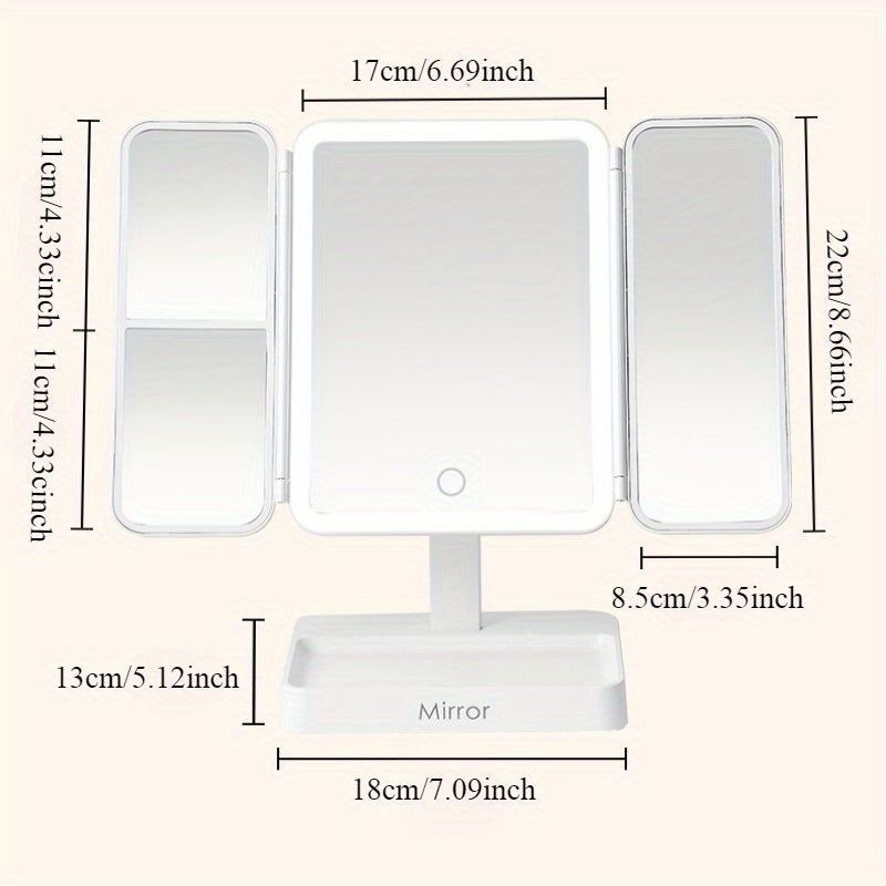 Portable LED makeup mirror with rechargeable 2000mAh battery and foldable shell design for girls. Multifunctional beauty mirror with adjustable light for dressing table.