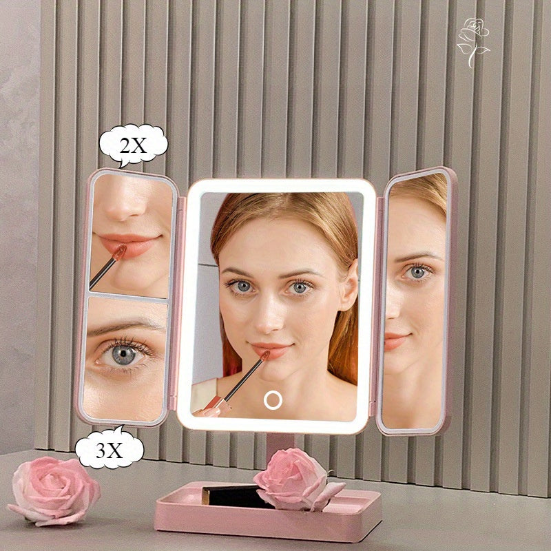 Portable LED makeup mirror with rechargeable 2000mAh battery and foldable shell design for girls. Multifunctional beauty mirror with adjustable light for dressing table.