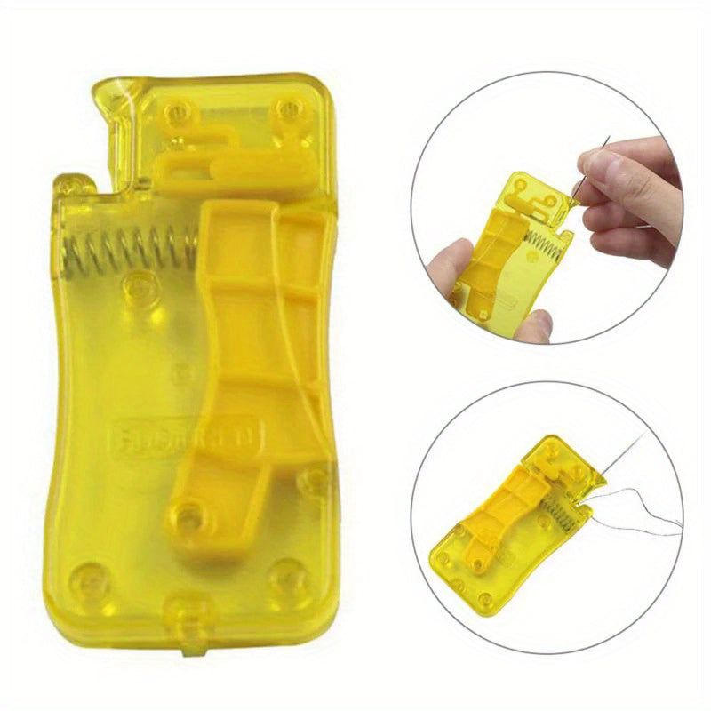 Automatic lemon yellow needle threader for hand and machine sewing.