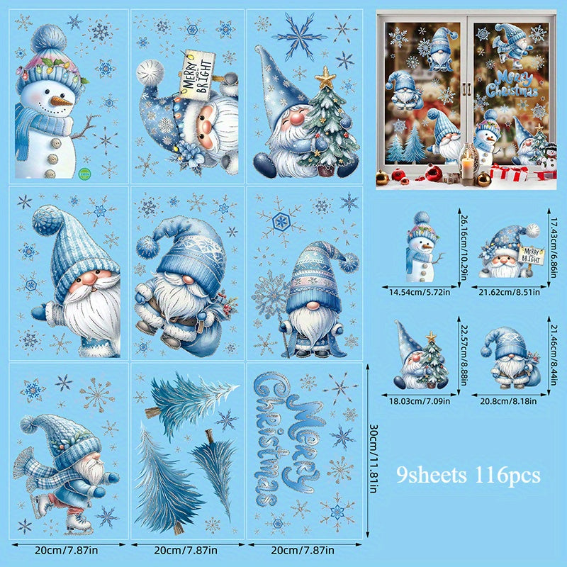 Set of 116 Winter Gnome and Snowman Window Clings, Including Cardinal Birds and Christmas Tree Designs. Made of PVC Static Stickers with Snowflake Pine Branches. Perfect for Holiday Decor in Home and Kitchen. Great for No-Electricity Party Supplies.