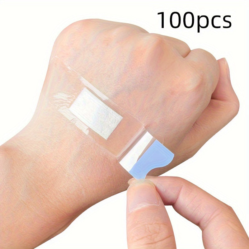 100 waterproof adhesive bandages made of transparent, flexible, non-woven material for bathing, swimming, and outdoor activities.