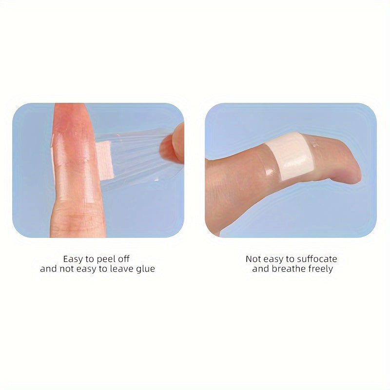 100 waterproof adhesive bandages made of transparent, flexible, non-woven material for bathing, swimming, and outdoor activities.