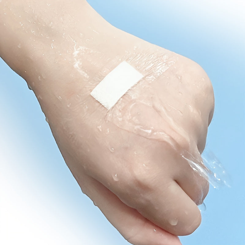 100 waterproof adhesive bandages made of transparent, flexible, non-woven material for bathing, swimming, and outdoor activities.