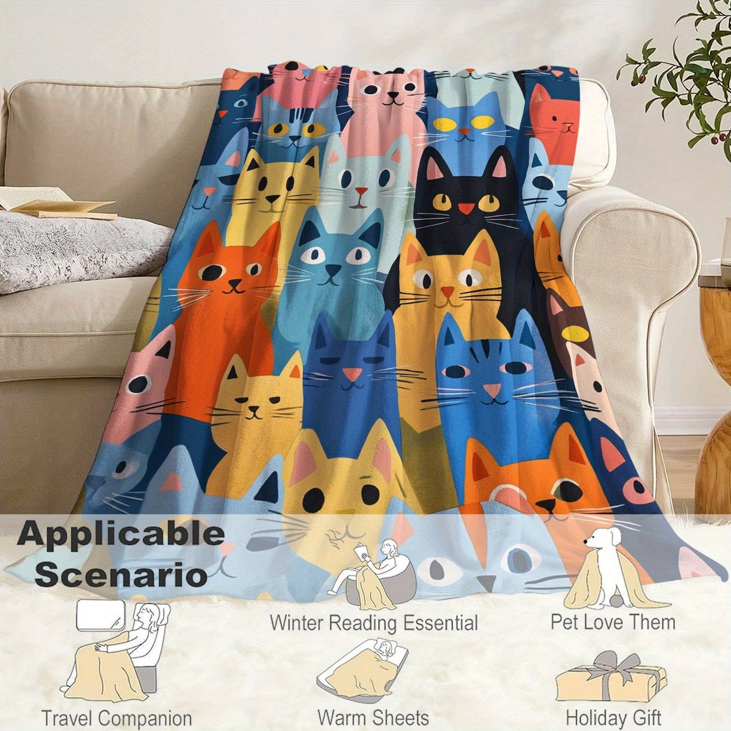 Whisker Wonders Cat Print Flannel Throw Blanket, 1 Piece - Cozy, Soft, Lightweight Warmth for All Seasons - Perfect for Bed, Sofa, Office, Camping, and Travel - Contemporary Design with Digital Print, Quilted Finish - Made of 100% Polyester, 200-250gsm