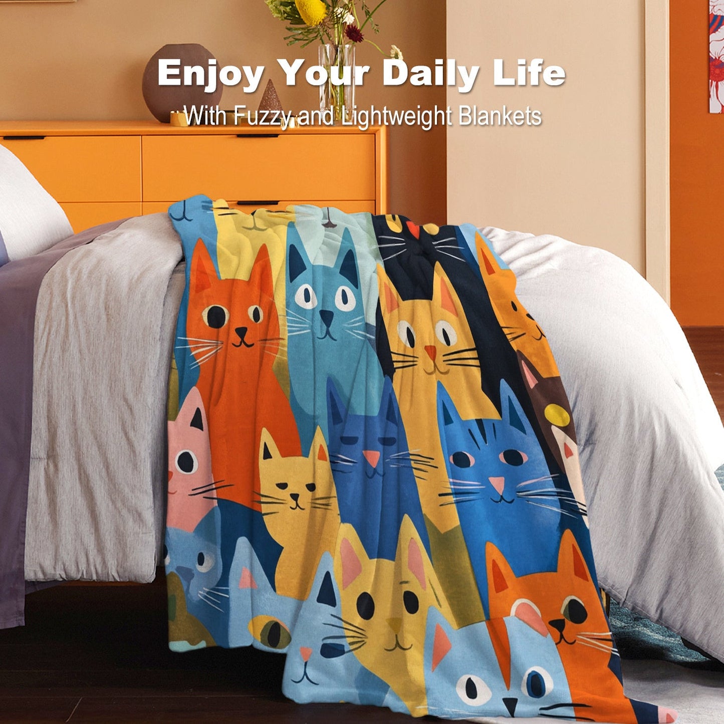 Whisker Wonders Cat Print Flannel Throw Blanket, 1 Piece - Cozy, Soft, Lightweight Warmth for All Seasons - Perfect for Bed, Sofa, Office, Camping, and Travel - Contemporary Design with Digital Print, Quilted Finish - Made of 100% Polyester, 200-250gsm