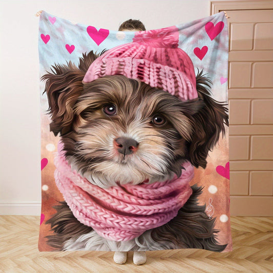 A 1-piece Cozy Flannel Fleece Throw Blanket featuring an adorable Puppy Print. This Soft and Warm Lightweight Blanket is perfect for all seasons. It boasts a Contemporary Style with a Digital Print on Knitted Fabric, made from Polyester. Ideal for use on