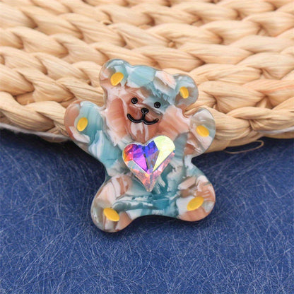 Charming Acrylic Bear Brooch with Heart Gem Detail - Unique Animal Design, Stylish Accessory for Clothing, Purses, and Hats (1 Piece)