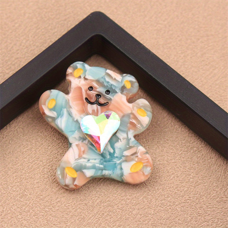 Charming Acrylic Bear Brooch with Heart Gem Detail - Unique Animal Design, Stylish Accessory for Clothing, Purses, and Hats (1 Piece)