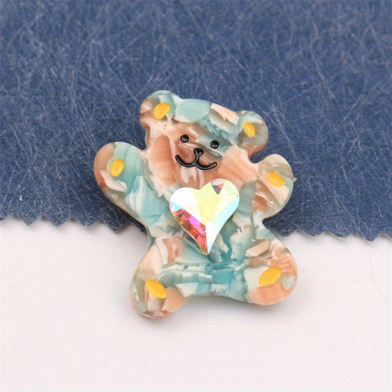 Charming Acrylic Bear Brooch with Heart Gem Detail - Unique Animal Design, Stylish Accessory for Clothing, Purses, and Hats (1 Piece)