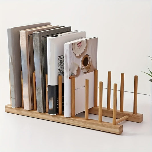 A portable bamboo book stand and storage rack suitable for bedside or office desk use. Multi-functional design.