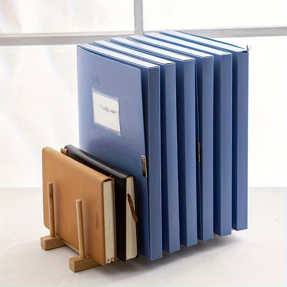 A portable bamboo book stand and storage rack suitable for bedside or office desk use. Multi-functional design.