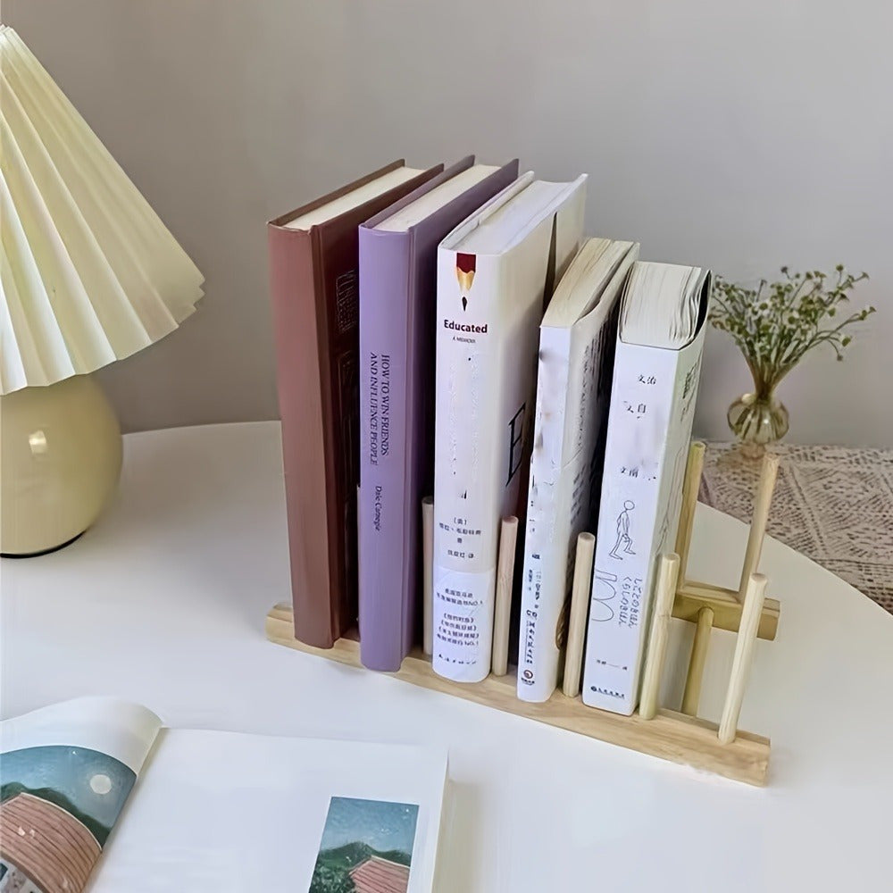 A portable bamboo book stand and storage rack suitable for bedside or office desk use. Multi-functional design.