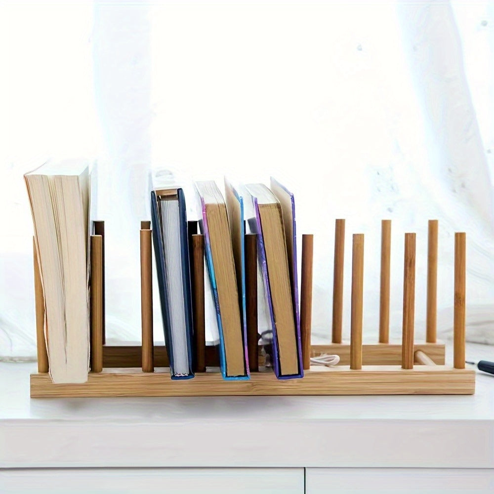 A portable bamboo book stand and storage rack suitable for bedside or office desk use. Multi-functional design.