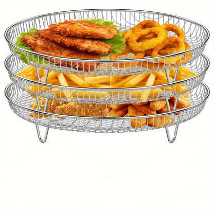 This bundle includes three durable stainless steel air fryer racks, perfect for baking and dehydrating multiple layers of food. These pans are a breeze to clean and can be stacked for convenient storage. Ideal for use in kitchens and restaurants. Air