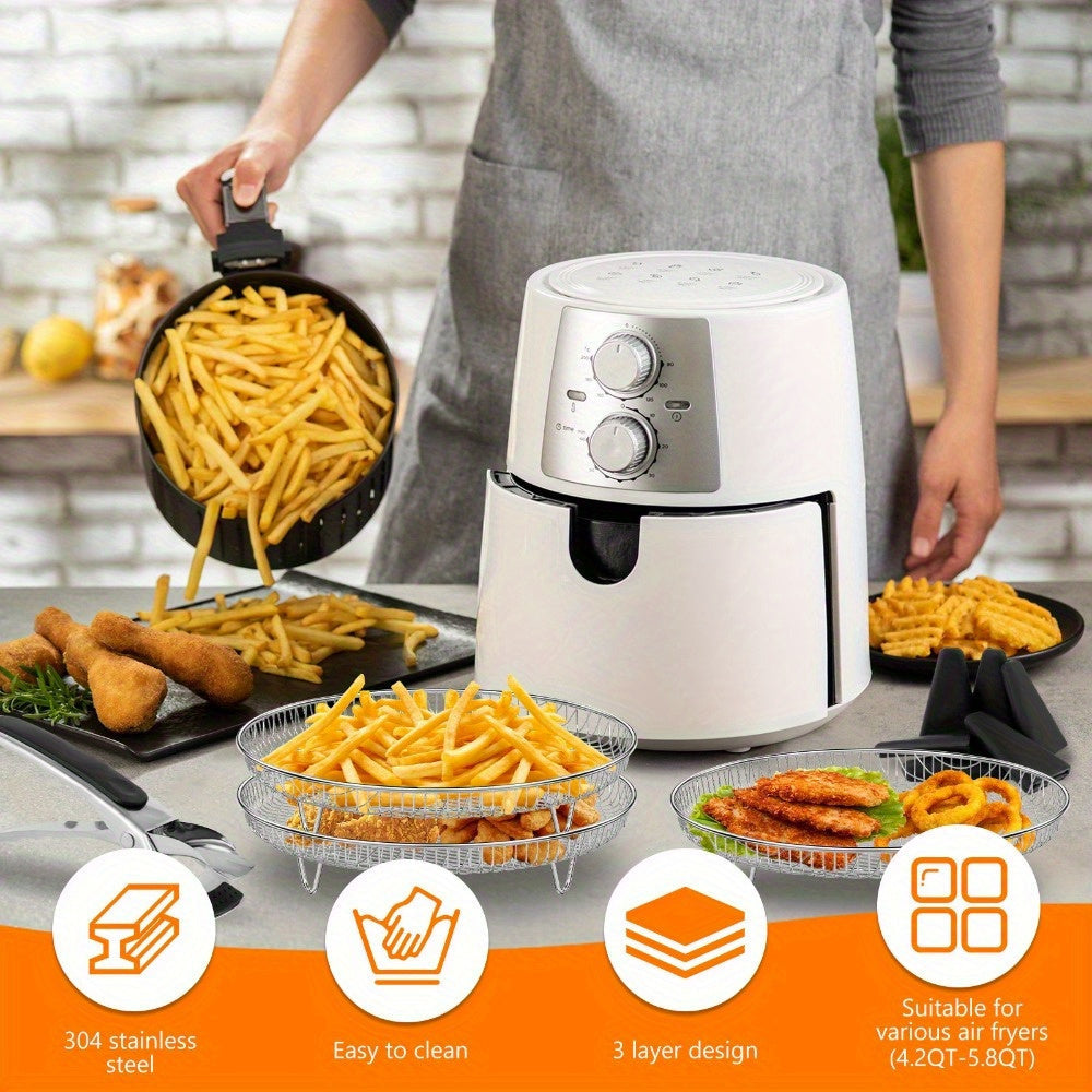 This bundle includes three durable stainless steel air fryer racks, perfect for baking and dehydrating multiple layers of food. These pans are a breeze to clean and can be stacked for convenient storage. Ideal for use in kitchens and restaurants. Air