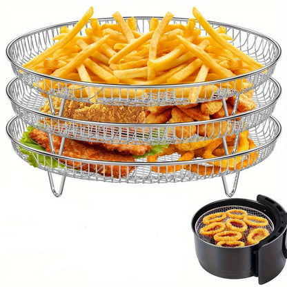 This bundle includes three durable stainless steel air fryer racks, perfect for baking and dehydrating multiple layers of food. These pans are a breeze to clean and can be stacked for convenient storage. Ideal for use in kitchens and restaurants. Air